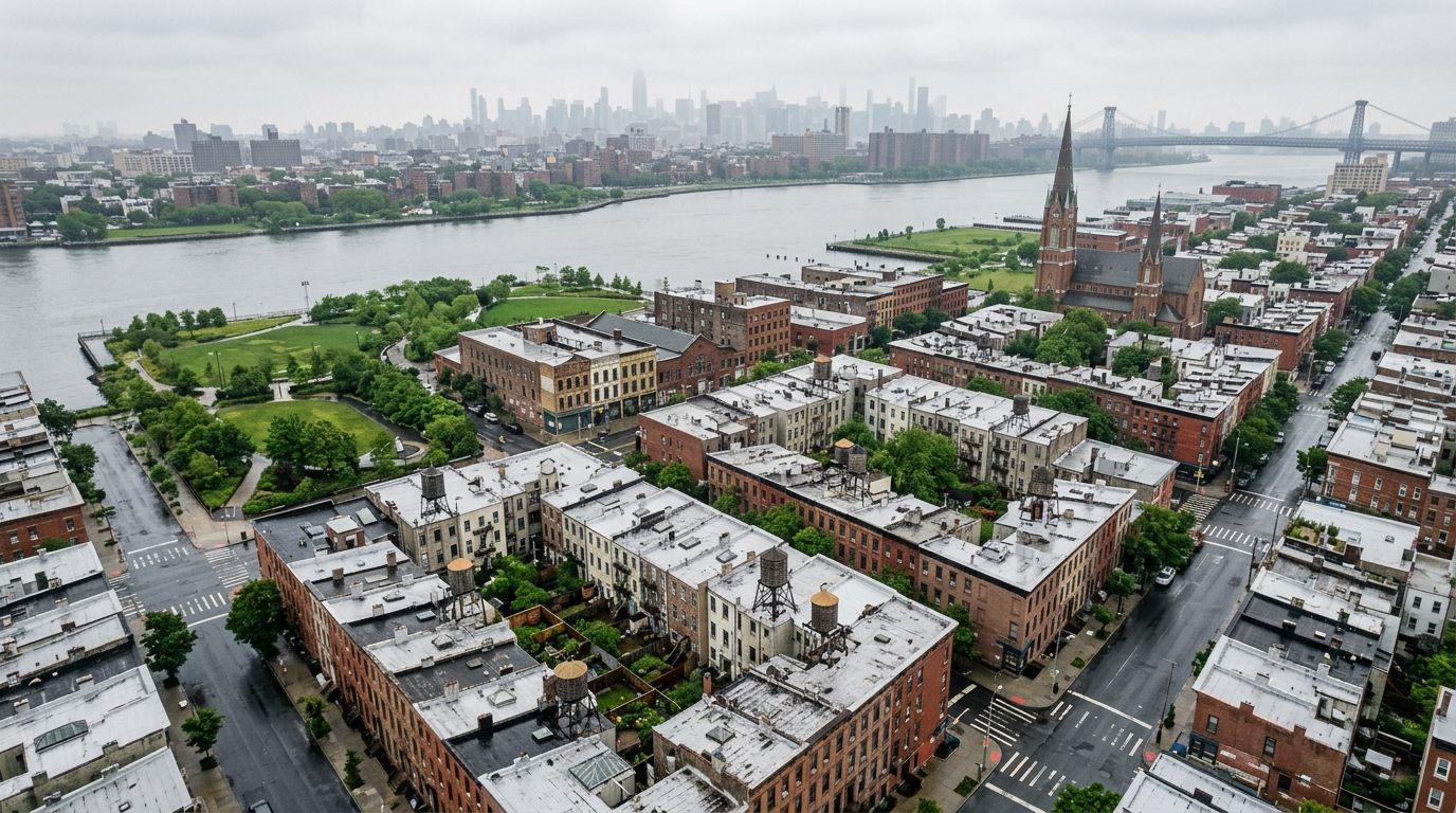 Rendering of Greenpoint from above: rooftops and water towers, the church spire, the East River, and the Manhattan skyline across the water